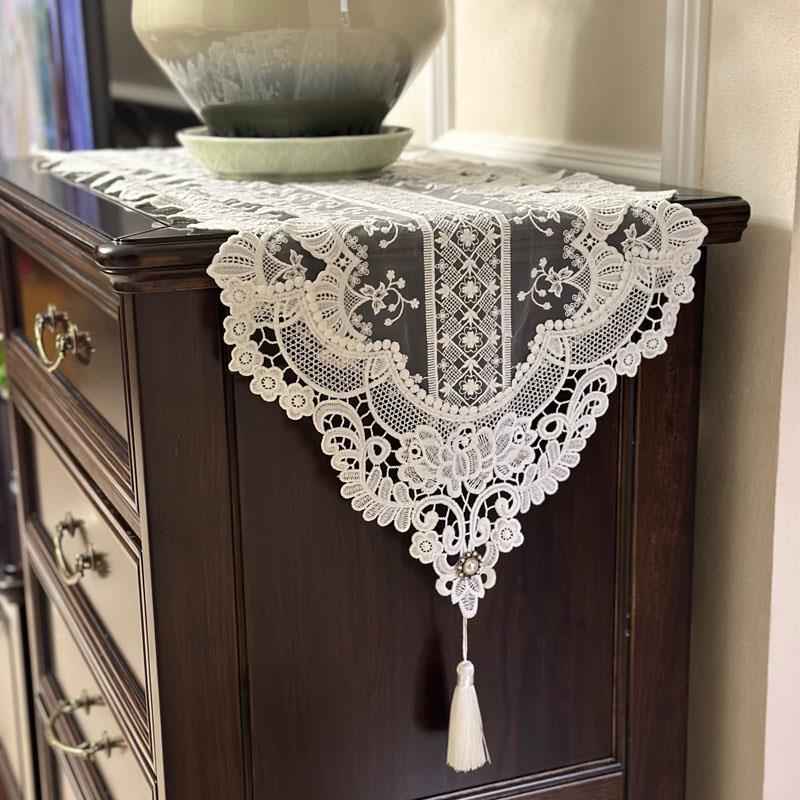 欧式轻奢白色蕾丝五斗柜鞋柜梳妆台防尘盖布艺电视柜茶几餐桌桌旗