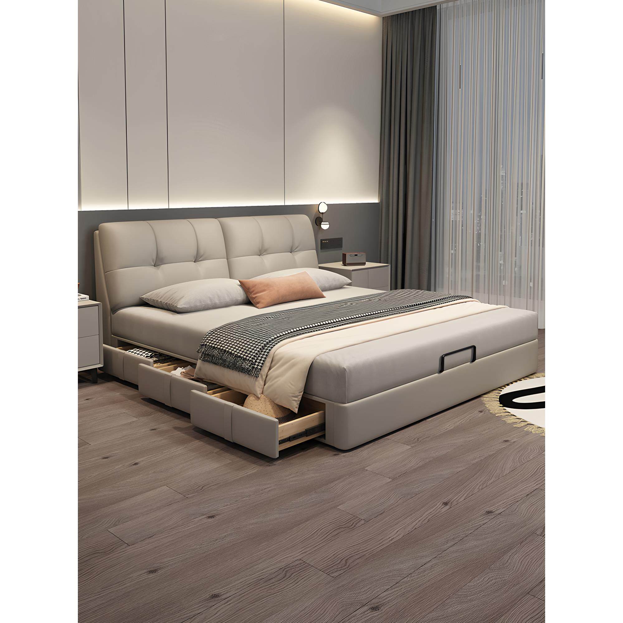 真皮床主卧室经典大气收纳皮革艺术床与收纳抽屉现代简单软包装双