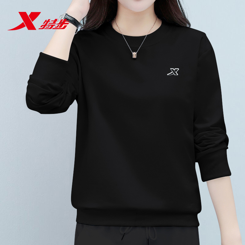 特步运动卫衣女2025新款夏季黑色百搭针织套头衫官方旗舰休闲外套