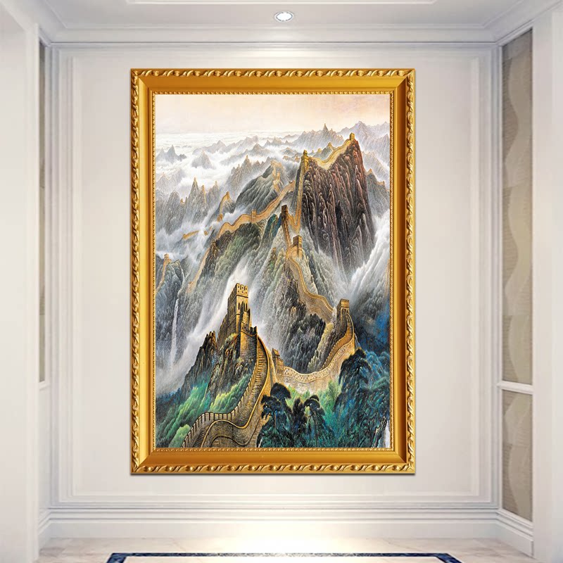 长城画大展宏图靠山画竖版玄关装饰挂画大张墙贴自粘防水壁画定做