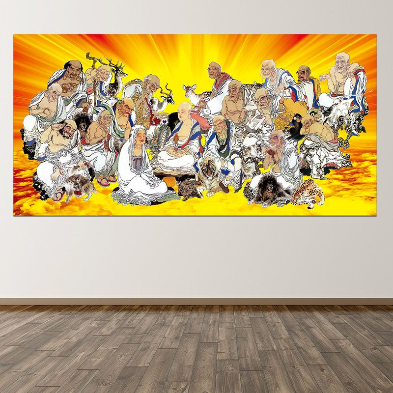 十八罗汉画报佛像佛堂装饰挂画实木画框墙贴防水自粘贴画海报定做