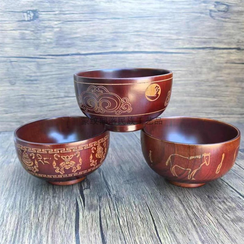 热销蒙古藏族民族创意木碗餐具防烫成F人饭碗吉祥八蒙文五蓄木碗