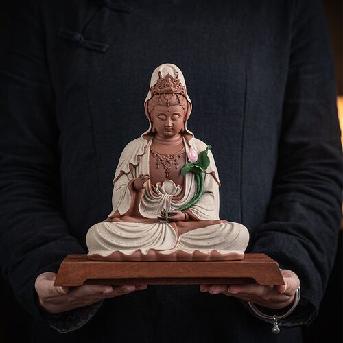 热销中式持莲观音菩萨摆件陶瓷佛像禅意茶道摆设客W厅茶室博古架