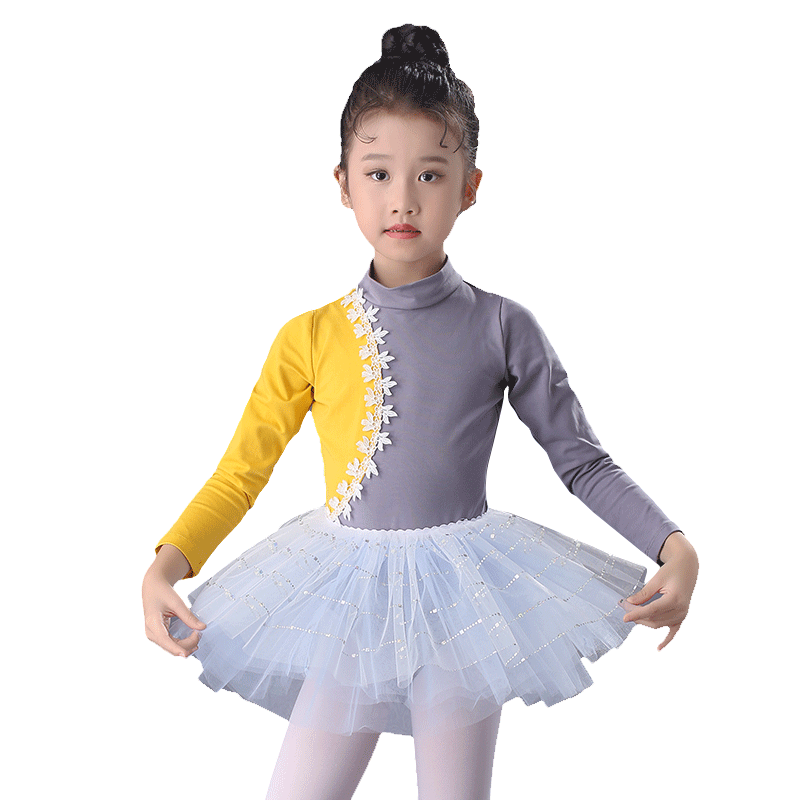儿童芭蕾舞蹈服秋冬季拼色公主演出蓬蓬裙考级练功女童纱裙民族