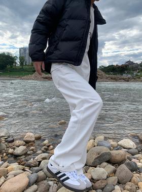07QWER 四季通勤白色简约男春秋牛仔裤韩版情侣直筒休闲阔腿裤