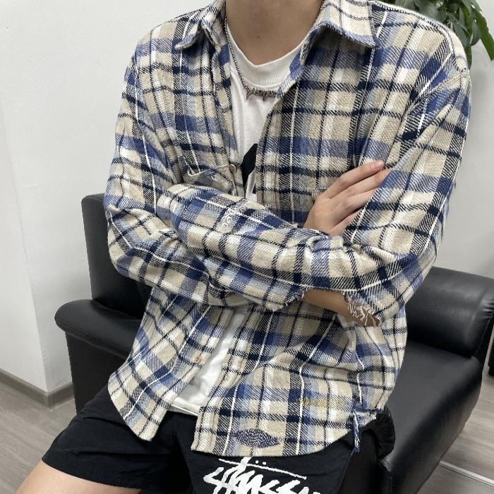 男女通用破洞格子衬衫 2026春季新款纯棉长袖衬衫 宽松版型翻领设