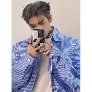 蓝白条纹短款垫肩衬衫男款高级感痞帅男装小众设计感衬衣春秋外套
