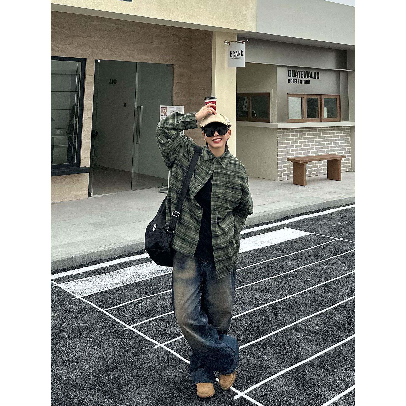 XBRO美式复古古着格子长袖衬衫春秋百搭通勤衬衣男女宽松慵懒外套