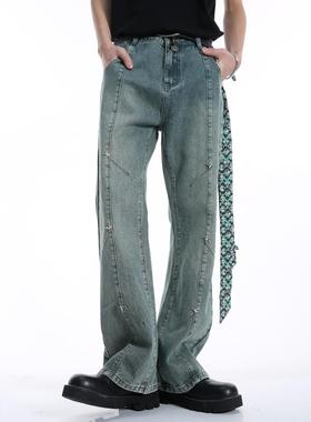 郭俊辰同款Voguo Relay 潮牌设计多铆钉拼接微喇叭中腰牛仔裤男女