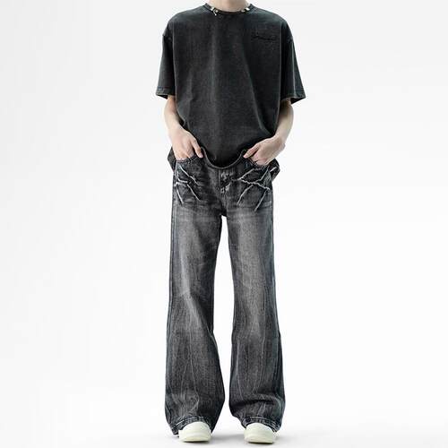 小柯XCOK美式高街闪电纹水洗黑色牛仔裤男直筒微喇裤cleanfit长裤