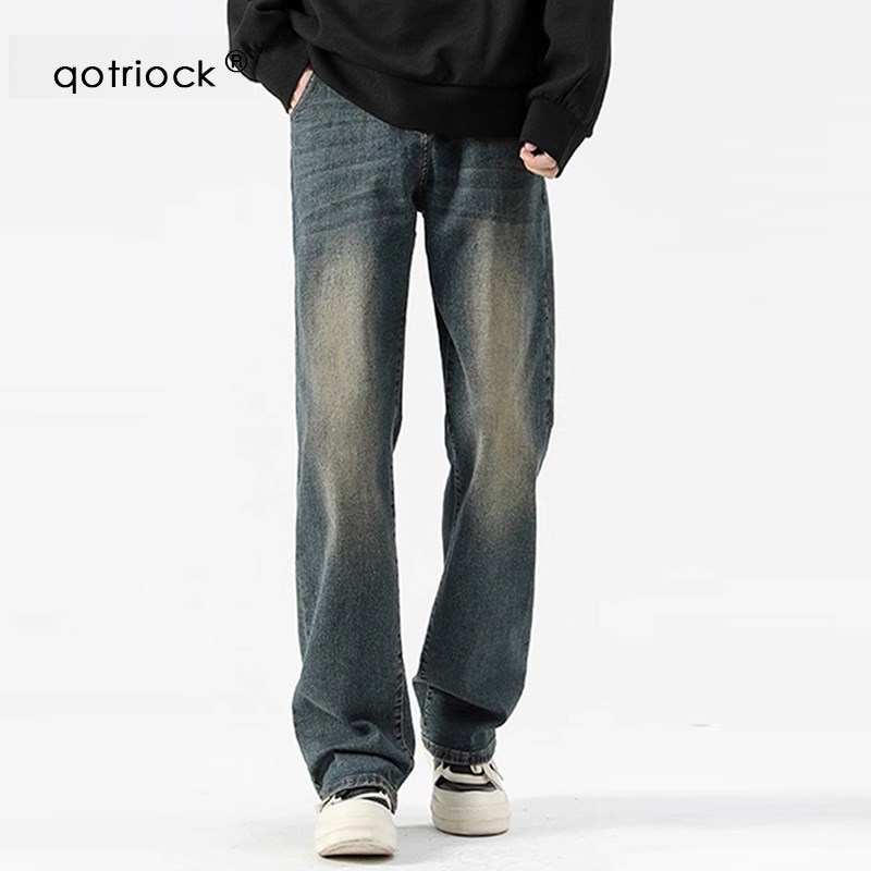 QOTRIOCK美式高街水洗深蓝牛仔裤男秋冬加厚潮牌宽松休闲微喇长裤