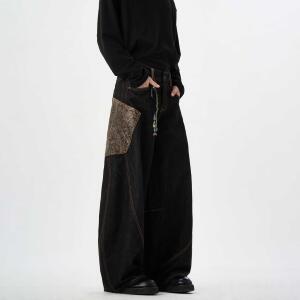 MAX ME蛇年限定【原牛 蛇皮裤 】弯刀蟒黑色牛仔裤阔腿男女裤子