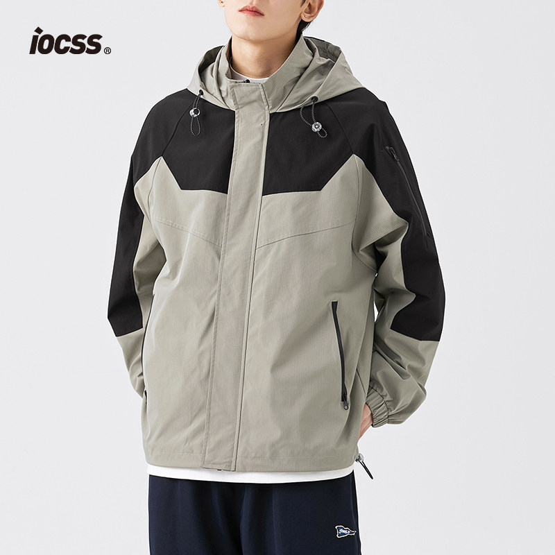 iocss春秋冬款外套男加绒厚拼色冲锋衣连帽2025新款休闲男生夹克