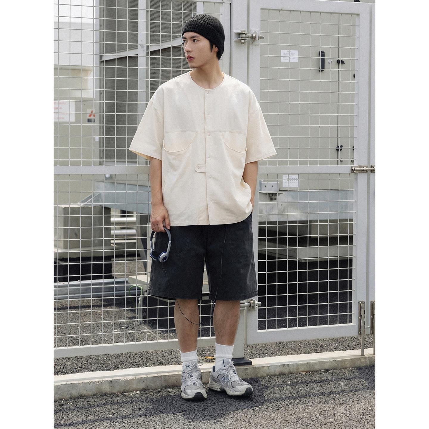NOEARS设计感垂感棉麻复古无领多口袋衬衫日系cityboy宽松衬衫潮