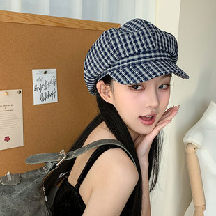 春秋格纹八角帽女薄款显脸小复古报童画家帽出游逛街鸭舌贝雷帽子