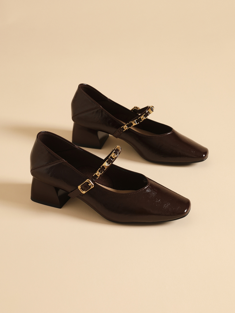 覆古粗跟玛丽珍鞋女2025秋季新款韩版真皮百搭一字扣带方头单鞋子