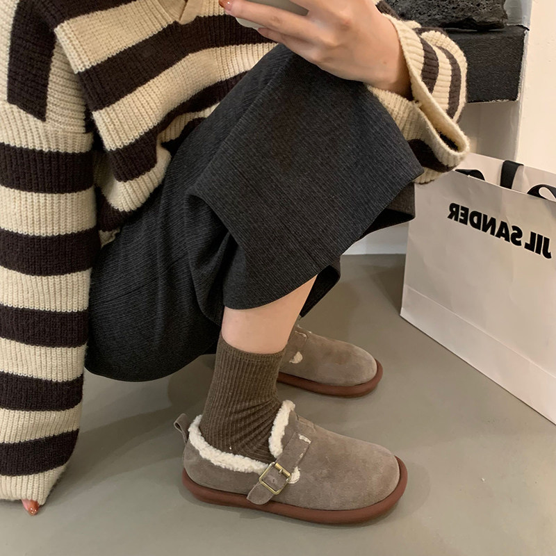 真皮加绒毛毛鞋女2025冬季新款复古圆头平底保暖休闲一脚蹬豆豆鞋,女鞋,深口单鞋,淘宝优惠券,粉丝福利购,淘宝优惠卷