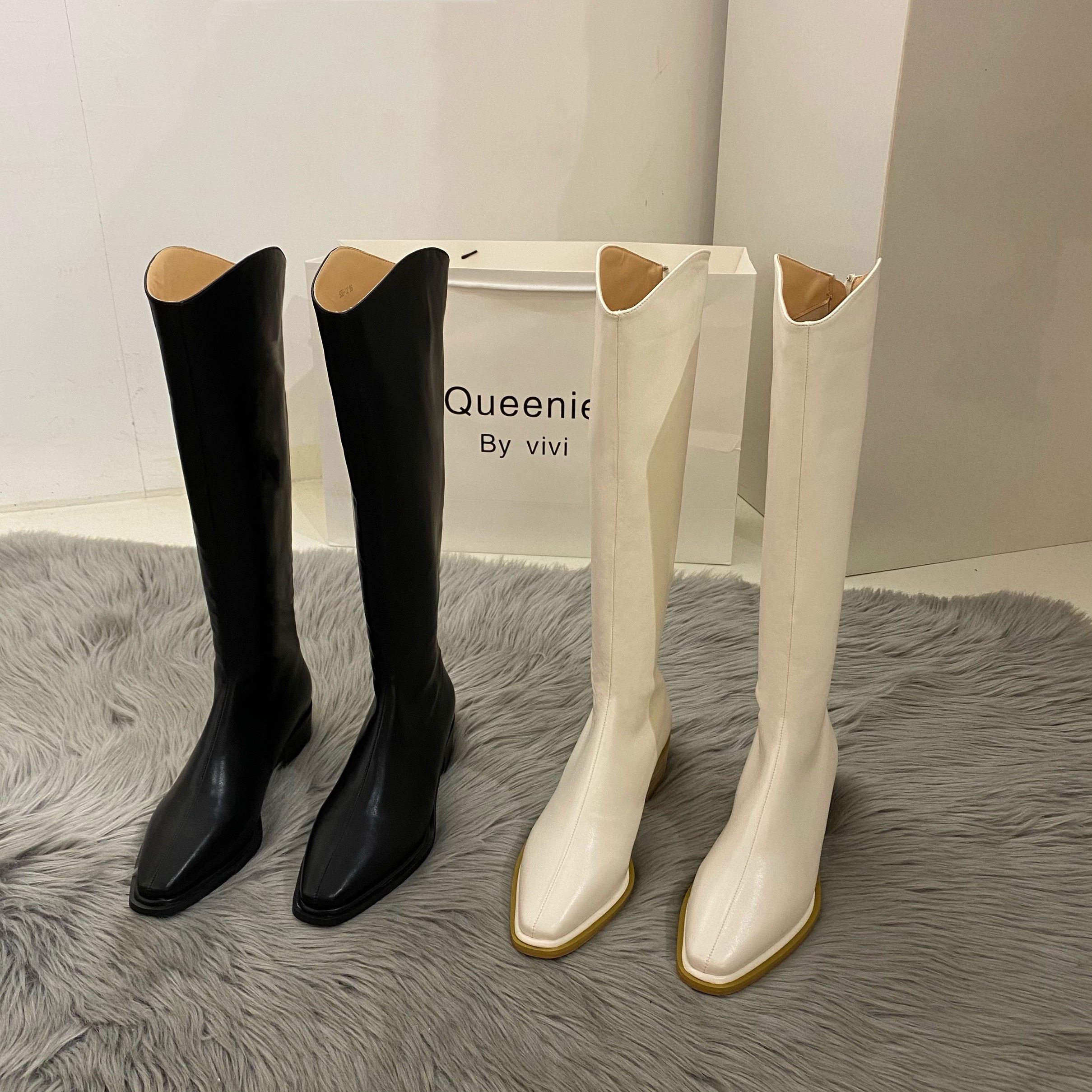 粗跟尖头真皮米白色长筒靴女2025秋冬新款加绒厚底小众V口骑士靴,女鞋,骑士靴,淘宝优惠券,粉丝福利购,淘宝优惠卷