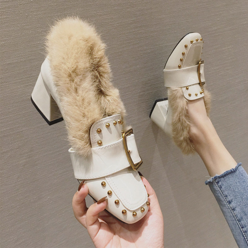 米白色毛毛鞋女外穿2025冬季新款真皮英伦风棉鞋高跟加绒粗跟单鞋,女鞋,深口单鞋,淘宝优惠券,粉丝福利购,淘宝优惠卷