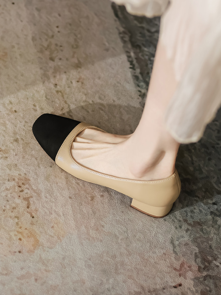真皮拼色粗跟单鞋女2025夏季新款小香风中跟百搭法式浅口高跟鞋,女鞋,浅口单鞋,淘宝优惠券,粉丝福利购,淘宝优惠卷