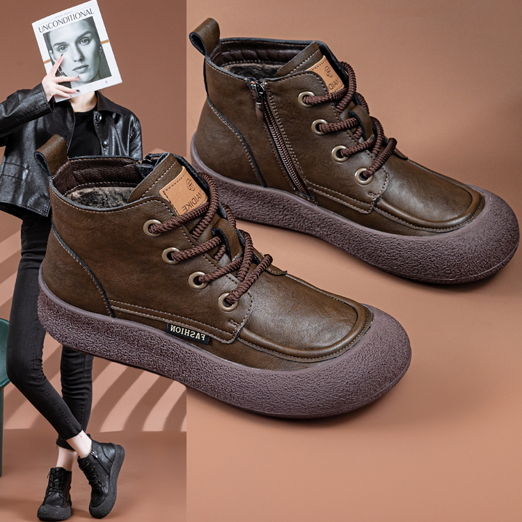 系带大码休闲加绒真皮软底短靴