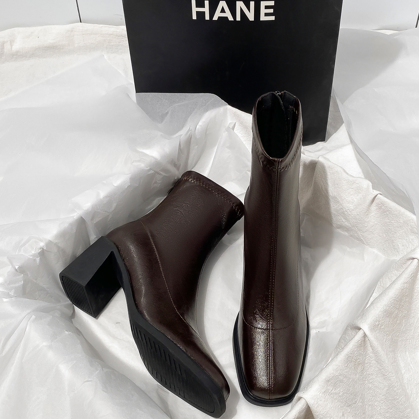 法式高跟后拉链弹力方头瘦瘦靴