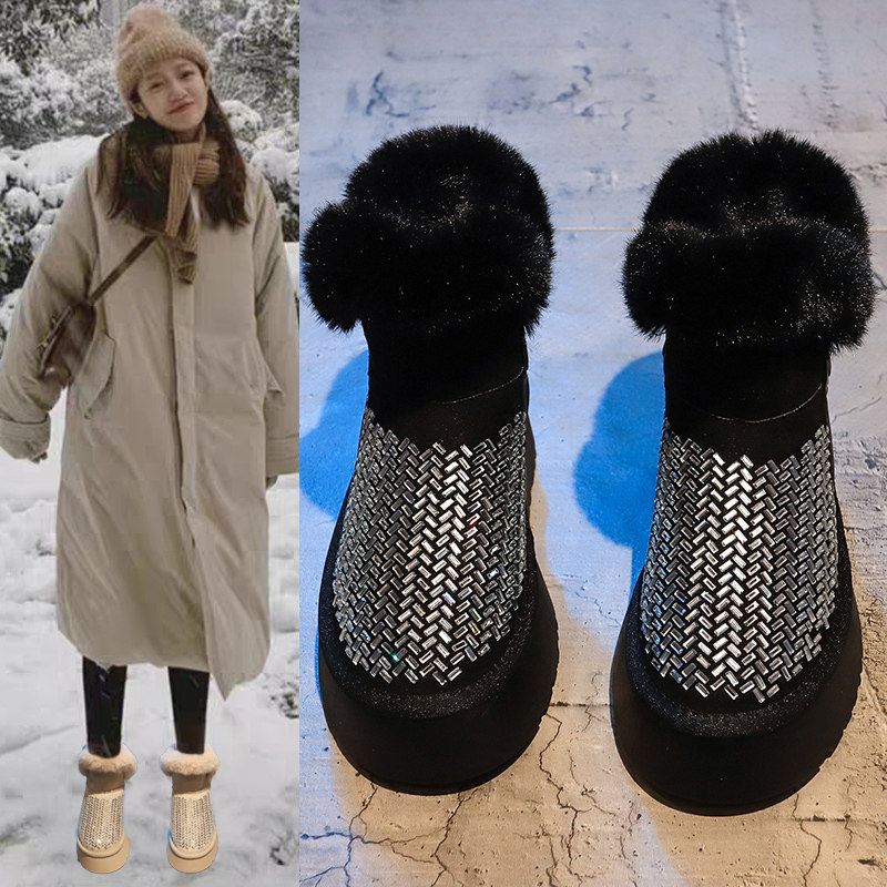 水钻真皮雪地靴女2025冬季新款时尚百搭圆头兔毛加绒棉靴厚底短靴,女鞋,时尚雪地靴,淘宝优惠券,粉丝福利购,淘宝优惠卷