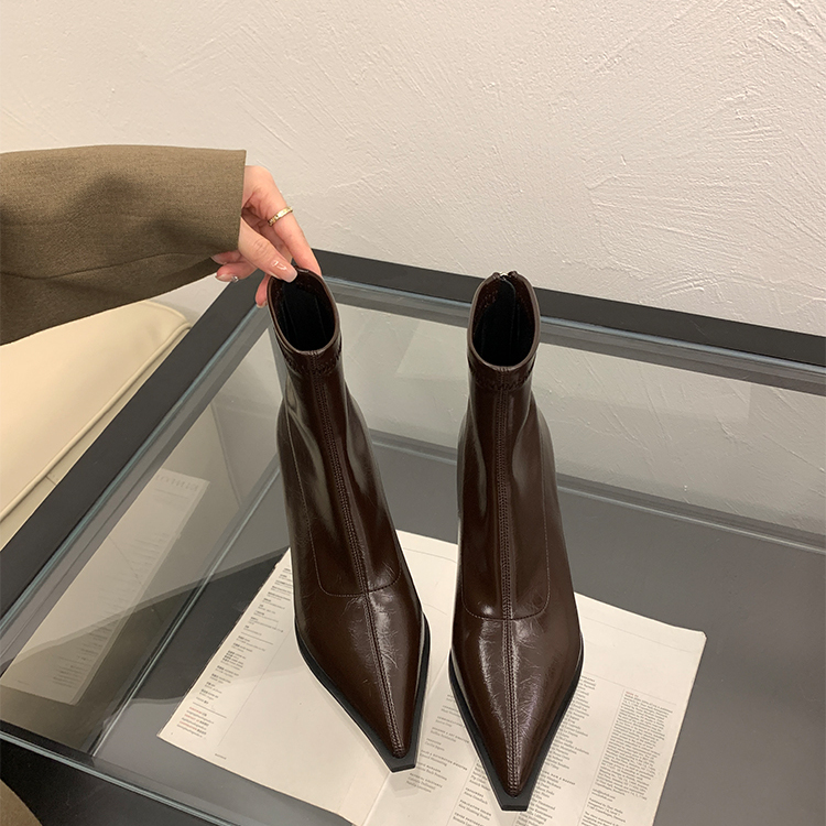 真皮百搭棕色复古细跟加绒瘦瘦靴