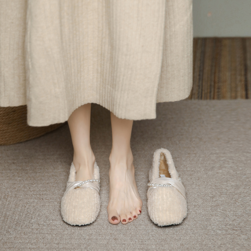 毛毛鞋女外穿珍珠仙女风保暖棉鞋