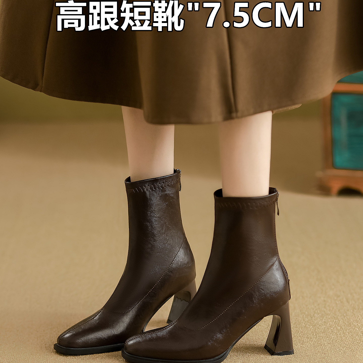 后拉链瘦瘦靴尖头法式加绒短靴