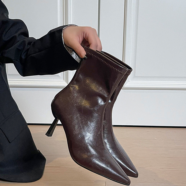法式细跟瘦瘦靴加绒真皮高跟短靴