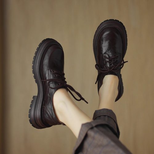 真皮软底乐福鞋英伦风粗跟单鞋