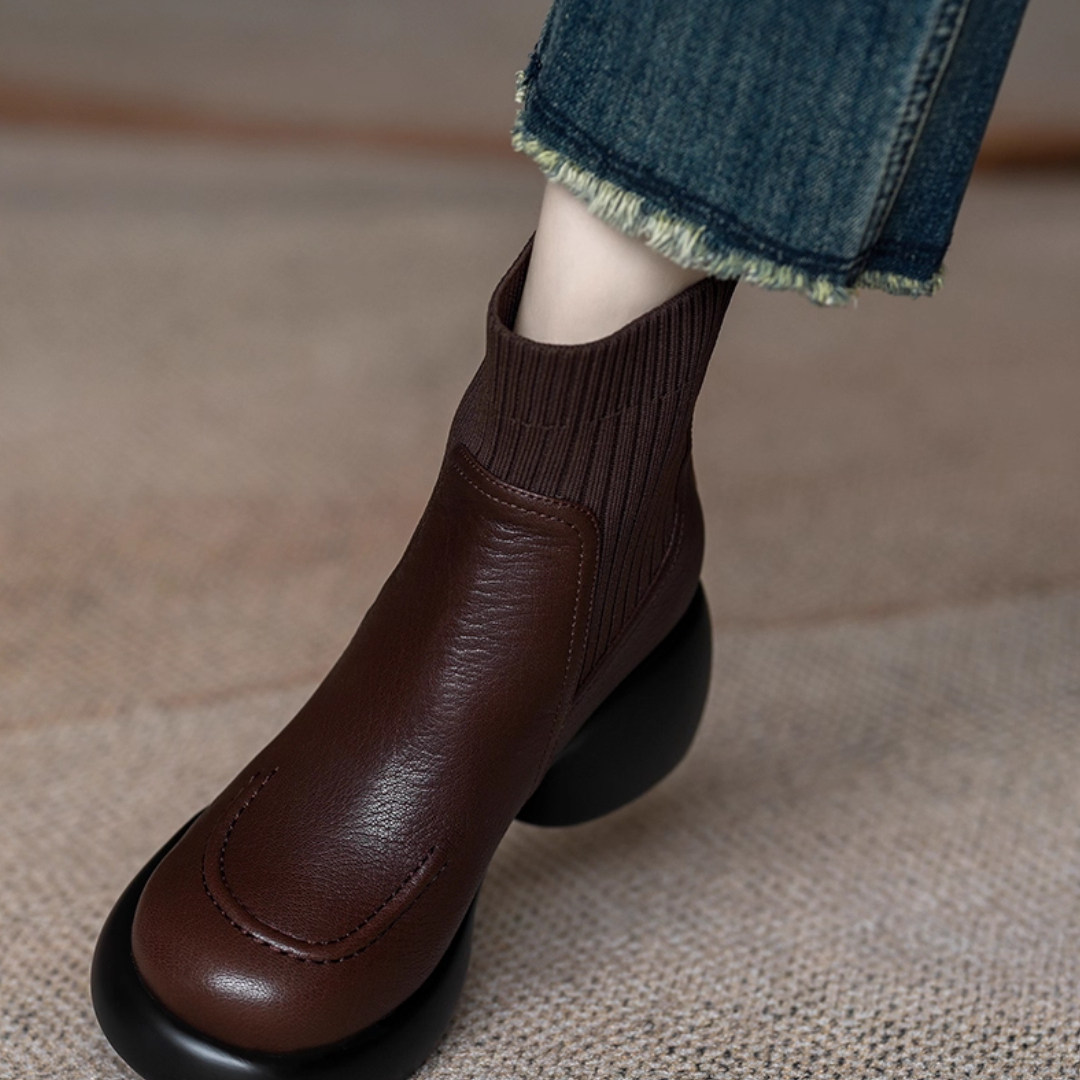 英伦风马丁靴女2025秋冬新款高跟弹力靴法式真皮厚底粗跟圆头短靴,女鞋,马丁靴,淘宝优惠券,粉丝福利购,淘宝优惠卷