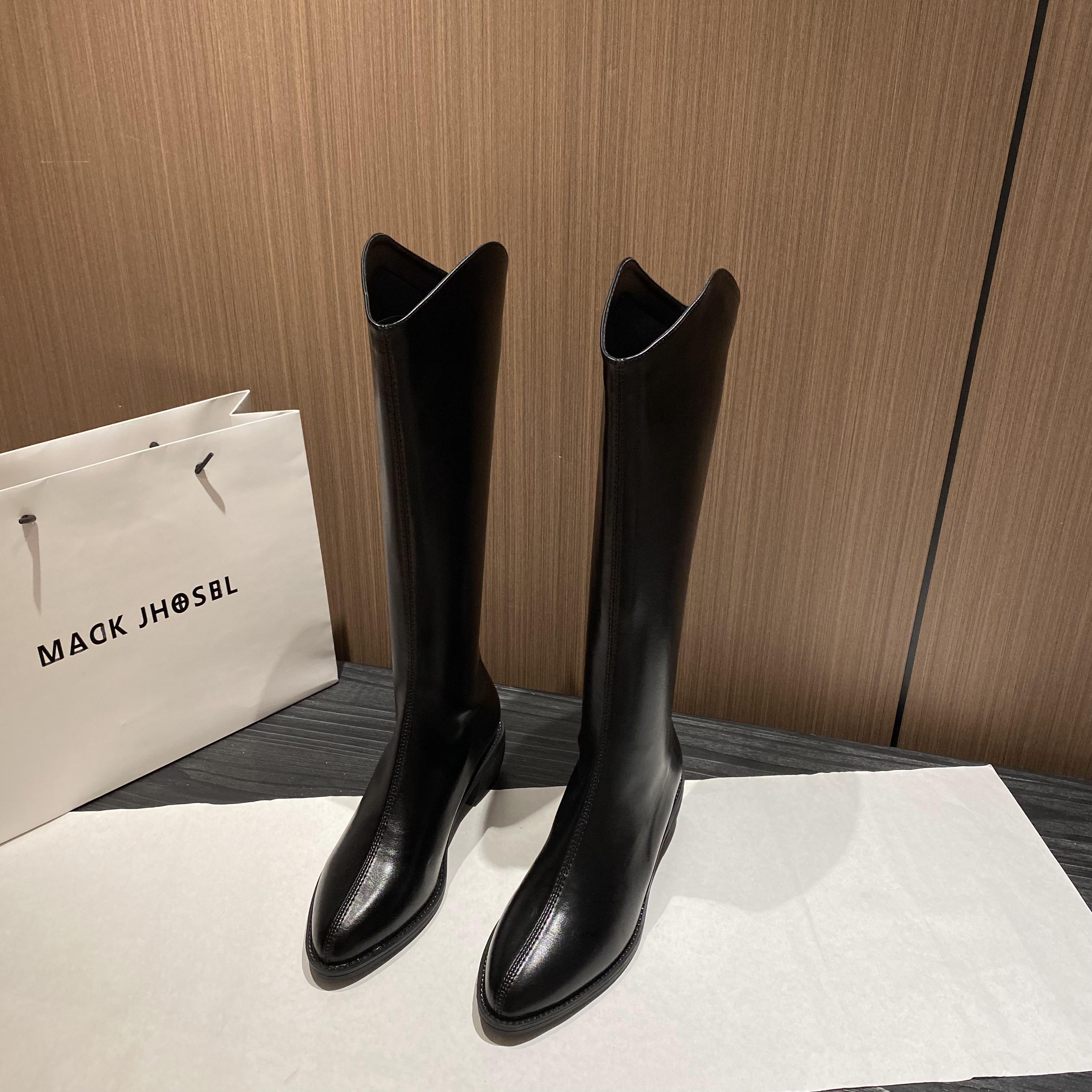 尖头粗腿大筒围高筒加绒骑士靴