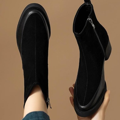 复古百搭粗跟时装靴高跟加绒短靴