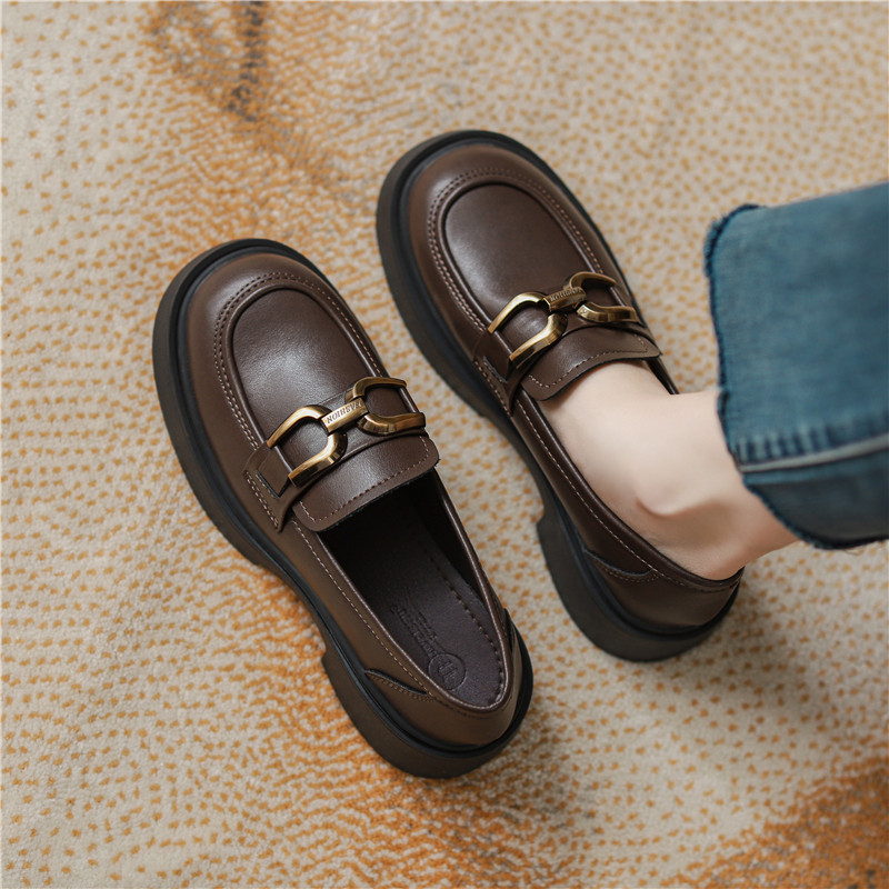 圆头真皮厚底乐福鞋女2025春季新款棕色单鞋复古英伦风加绒小皮鞋,女鞋,深口单鞋,淘宝优惠券,粉丝福利购,淘宝优惠卷