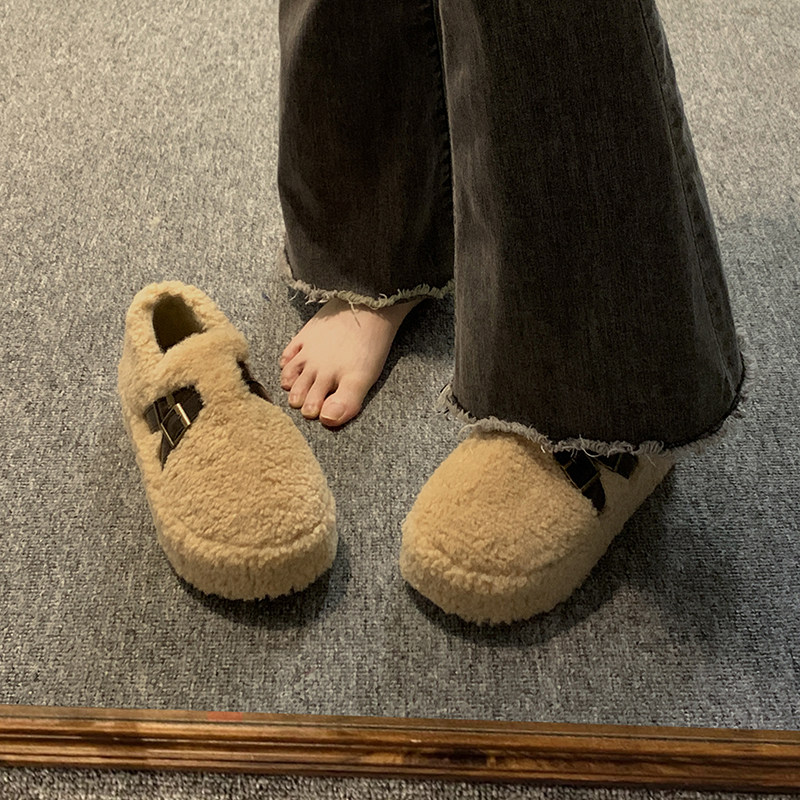 平底毛毛鞋女2025冬季新款复古洋气豆豆鞋百搭小个子厚底加绒棉鞋,女鞋,棉鞋,淘宝优惠券,粉丝福利购,淘宝优惠卷