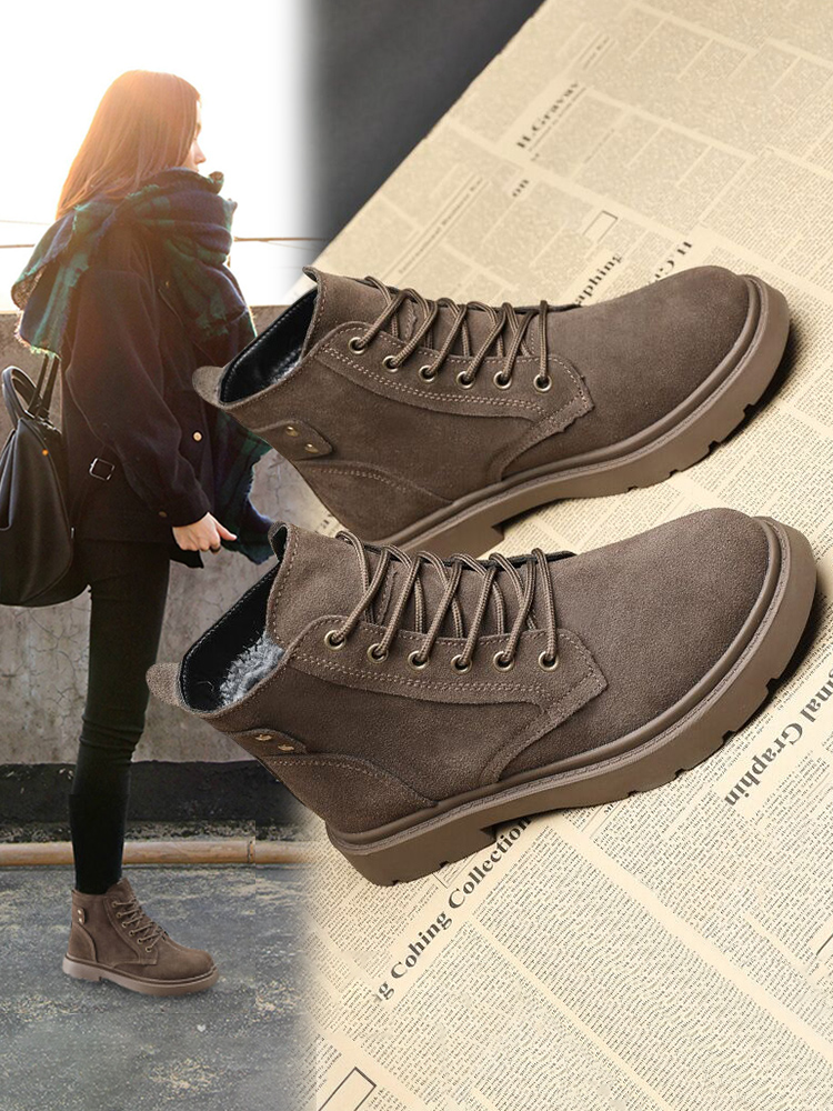 女式靴2025秋冬新款磨砂多功能羊毛衬里加厚雪地靴棉鞋英伦风格短