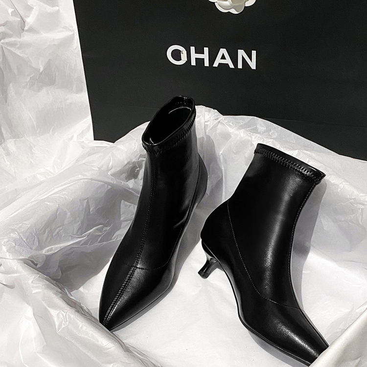 细跟高跟真皮短靴加绒弹力瘦瘦靴