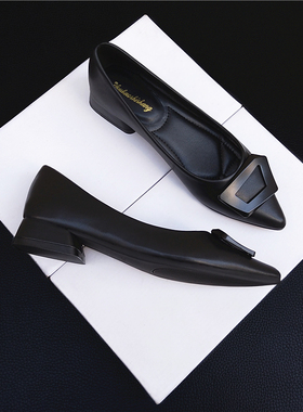 尖头粗跟女单鞋2025夏季新款软底黑色中跟工作鞋气质百搭平底瓢鞋