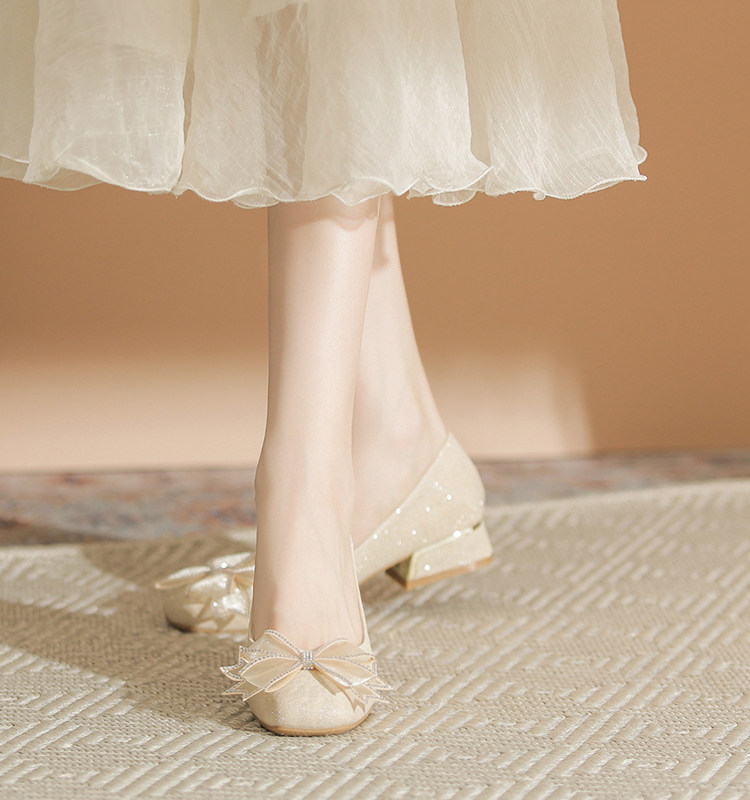 香槟色低跟单鞋女法式2025夏季新款晚晚鞋配裙子蝴蝶结真皮工作鞋,女鞋,浅口单鞋,淘宝优惠券,粉丝福利购,淘宝优惠卷