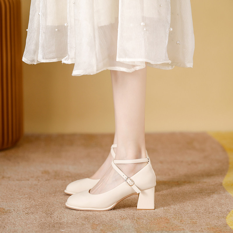 真皮单鞋女2025夏季新款高跟鞋法式休闲绑带浅口粗跟配裙玛丽珍鞋