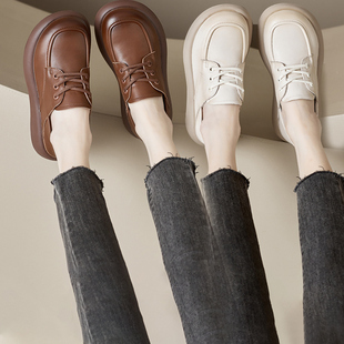 英伦风小皮鞋 女2025春秋新款 百搭复古休闲单鞋 真皮平底系带乐福鞋