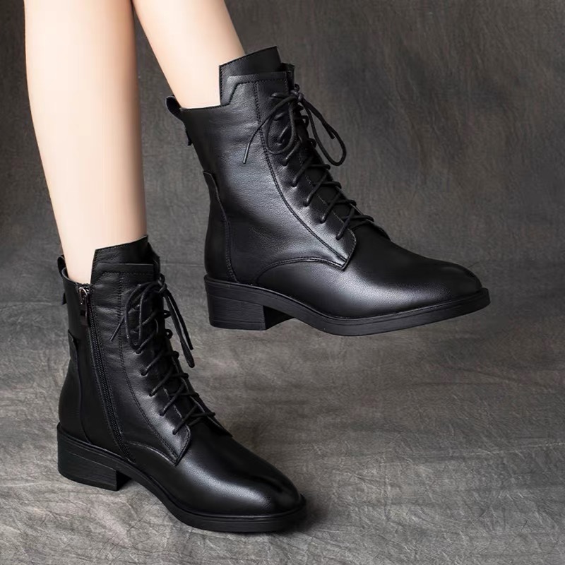 真皮百搭显脚小系带平底加绒短靴