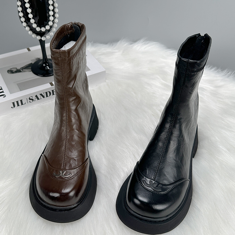 加绒切尔西短靴圆头显脚小烟筒靴