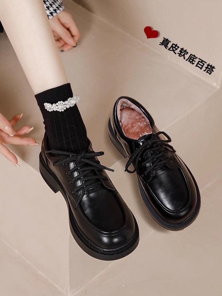 厚底真皮乐福鞋女2025秋季新款平底加绒单鞋漆皮黑色英伦风小皮鞋