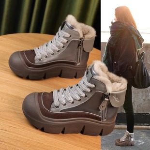 厚底真皮马丁靴加绒增高雪地靴女2025年冬季新款百搭保暖妈妈棉鞋