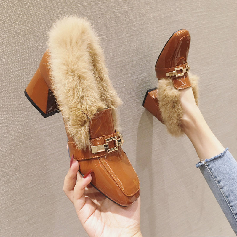 休闲高跟毛毛鞋女外穿2025冬季新款网红棉鞋真皮方头加绒粗跟单鞋,女鞋,深口单鞋,淘宝优惠券,粉丝福利购,淘宝优惠卷