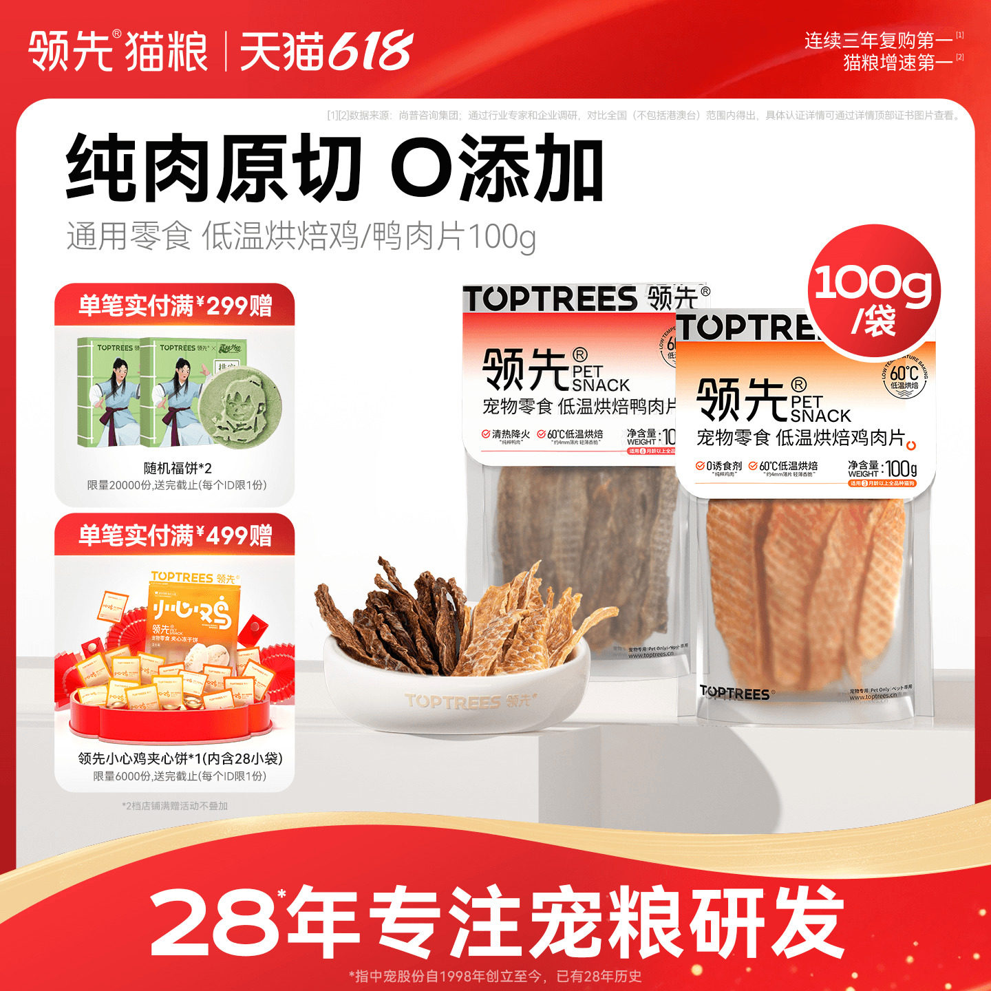 领先烘焙鸡肉鸭肉片零食肉干狗狗猫咪通用宠物犬磨牙棒训练100g