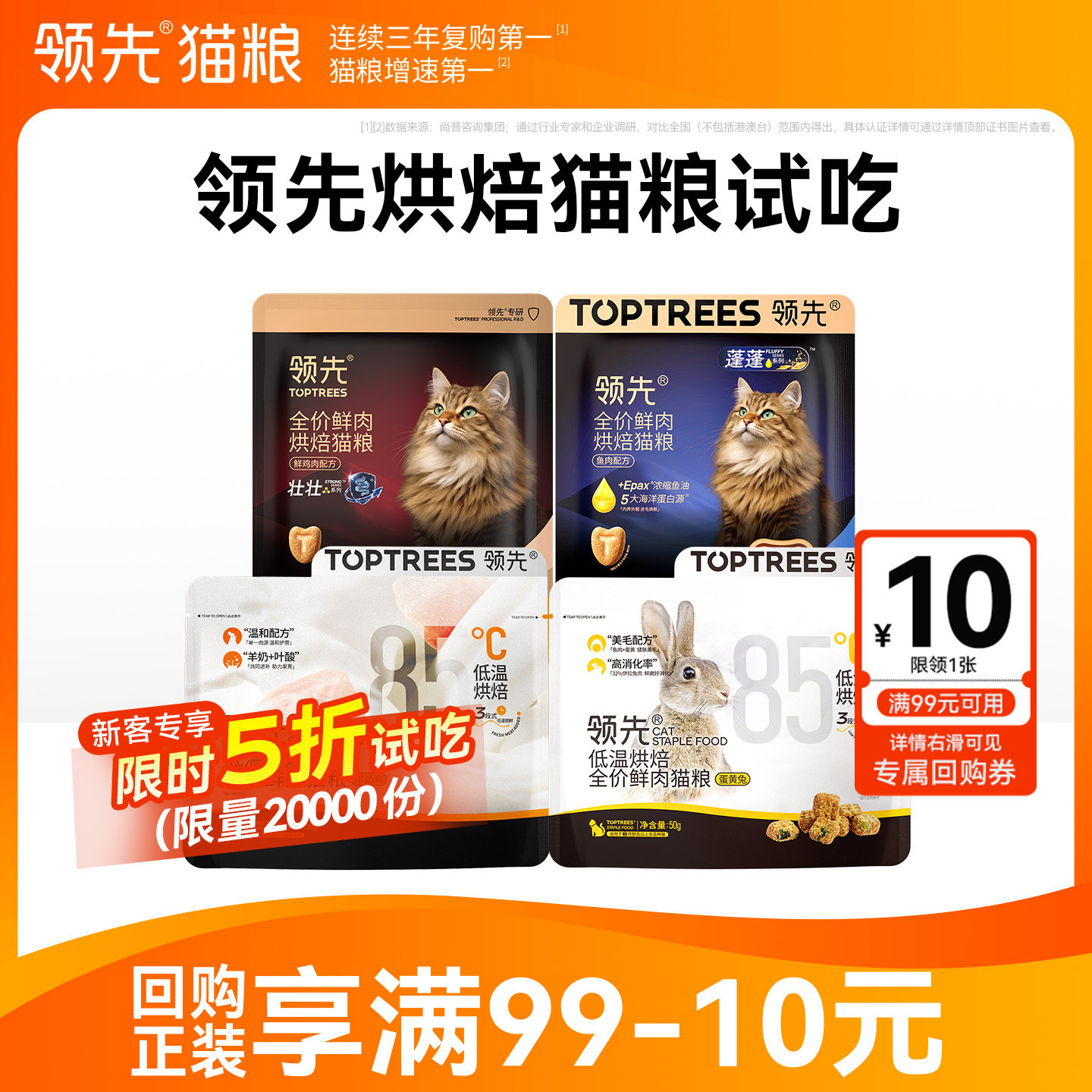 【5折尝鲜】领先烘焙猫粮成幼猫试吃蛋黄兔肉全价羊奶鸡蓬蓬猫粮
